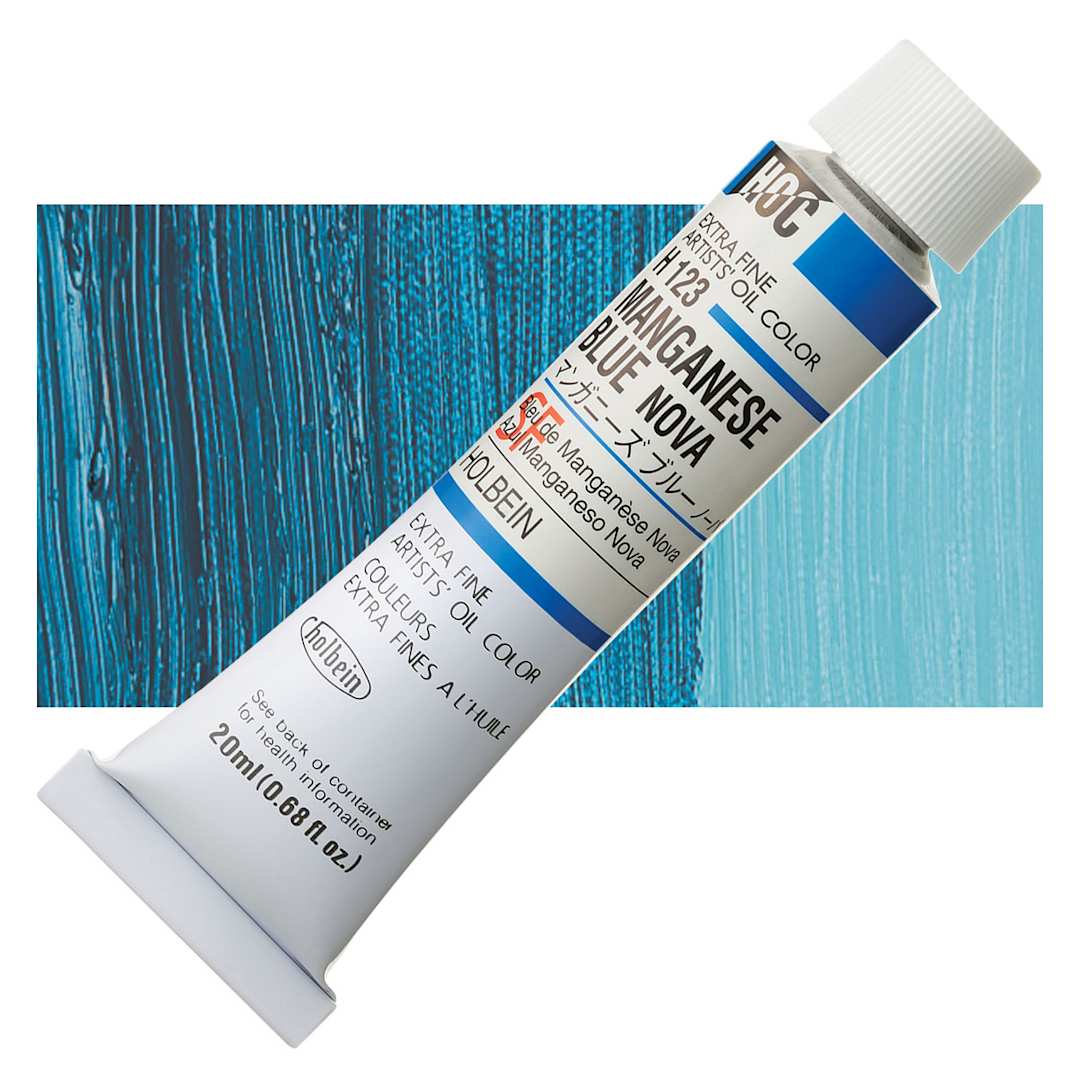 Open in modal - Holbein Artists' Oil Color - Manganese Blue Nova, 20 ml tube and swatch