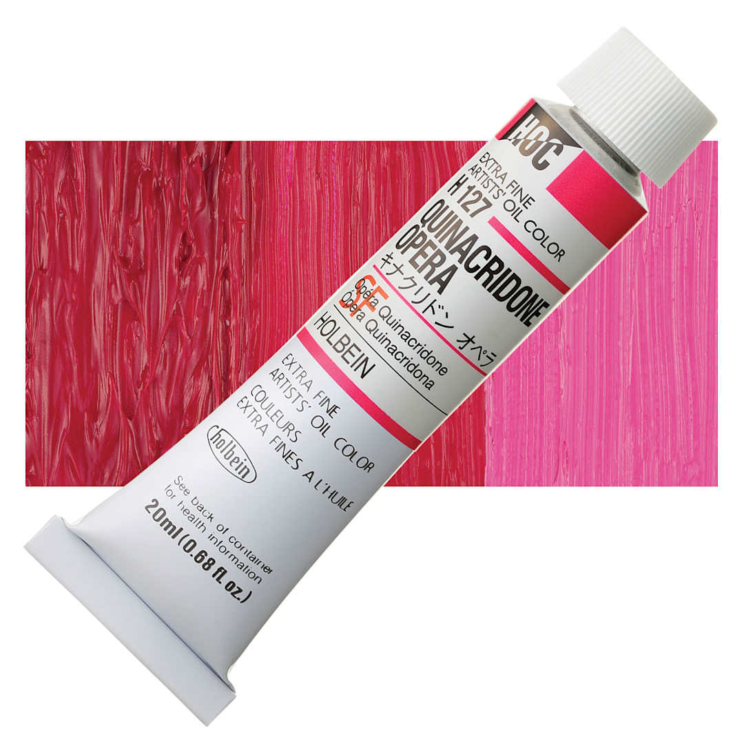 Open in modal - Holbein Artists' Oil Color - Quinacridone Opera, 20 ml tube and swatch