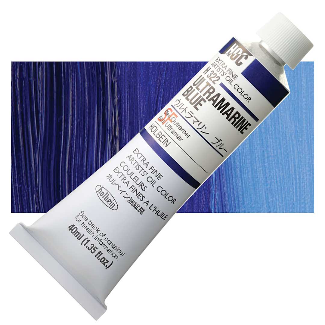 Open in modal - Holbein Artists' Oil Color - Ultramarine Blue, 40 ml tube and swatch