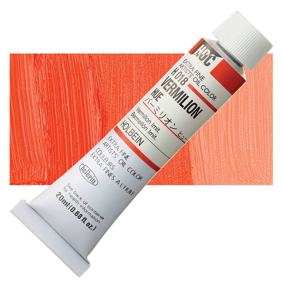 Open in modal - Holbein Artists' Oil Color - Vermilion Hue, 20 ml tube and swatch