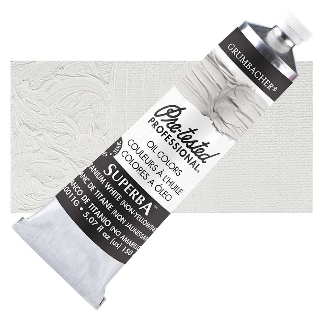 Open in modal - Grumbacher Pre-Tested Artists' Oil Color - Superba White, 5 oz tube and swatch