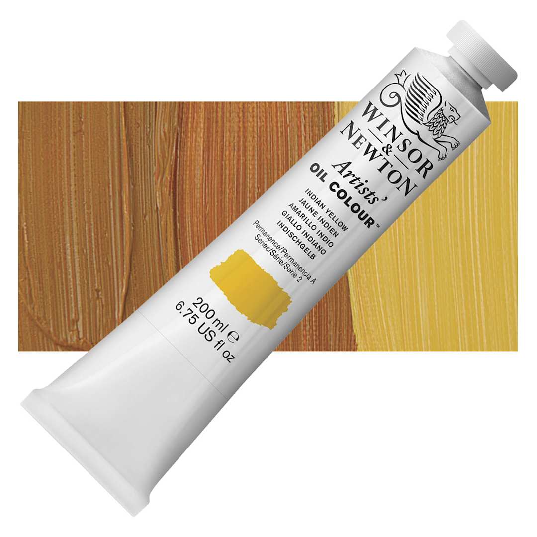Open in modal - Winsor & Newton Artists' Oil Color - Indian Yellow, 200 ml tube and swatch