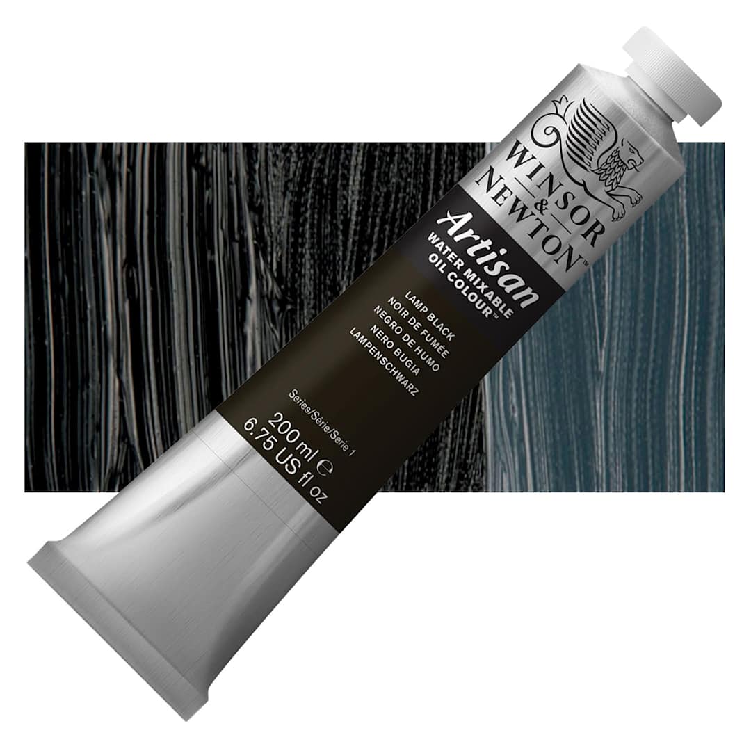 Open in modal - Winsor & Newton Artisan Water Mixable Oil Paint - Lamp Black, 200 ml tube and swatch