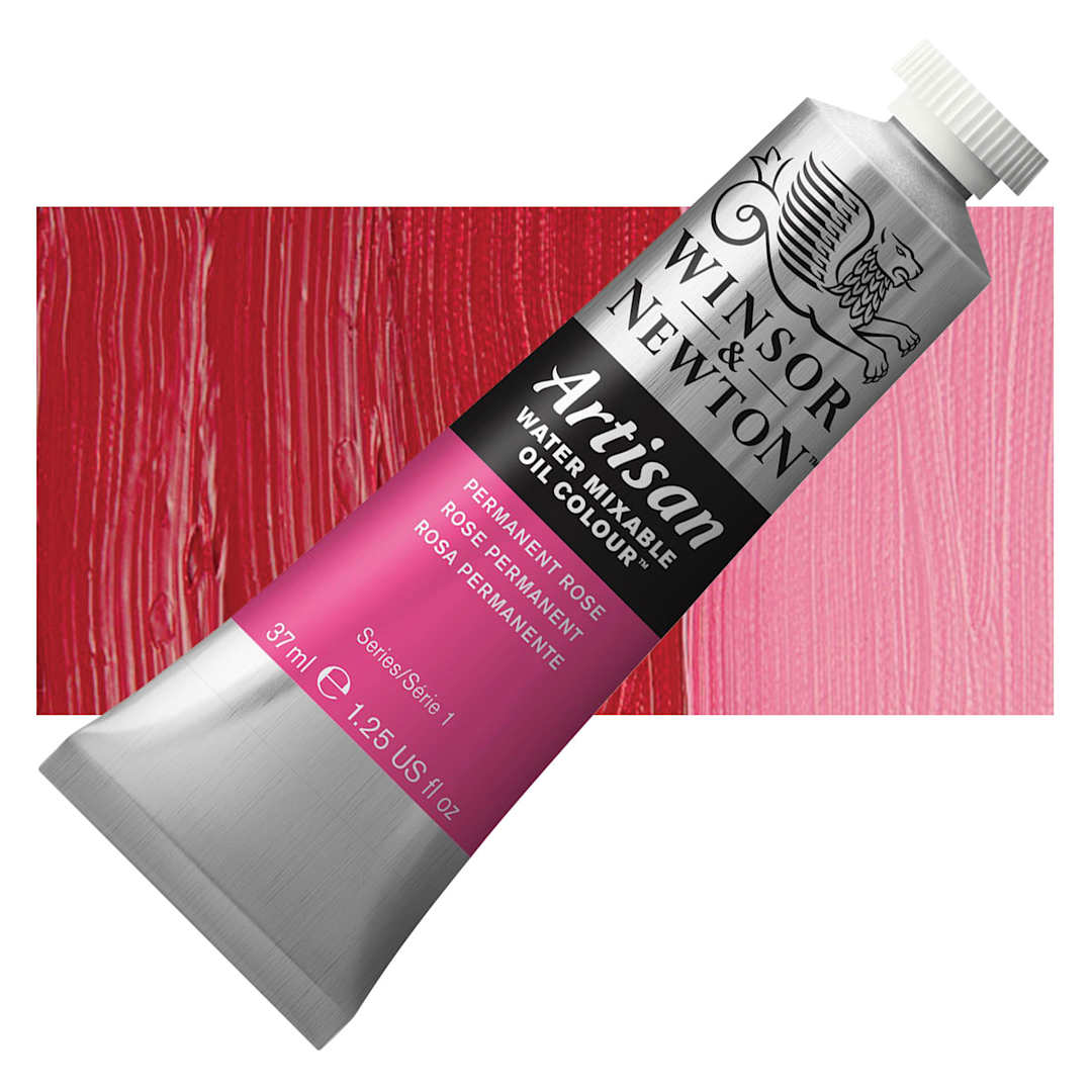 Open in modal - Winsor & Newton Artisan Water Mixable Oil Paint - Permanent Rose, 200 ml tube and swatch
