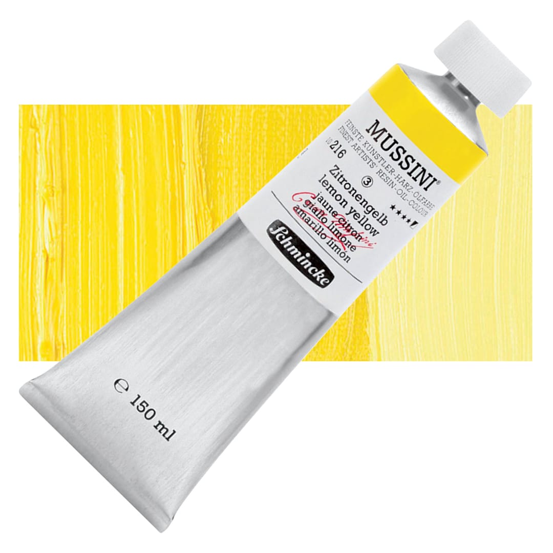 Open in modal - Schmincke Mussini Oil Color - Lemon Yellow, 150 ml tube and swatch