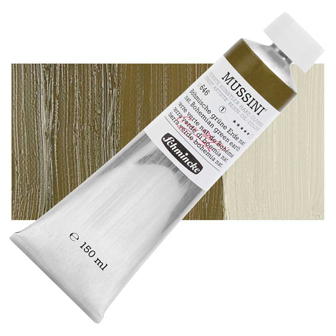 Open in modal - Schmincke Mussini Oil Color - Natural Bohemian Green Earth, 150 ml tube and swatch
