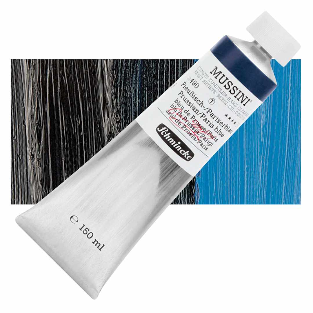 Open in modal - Schmincke Mussini Oil Color - Prussian Paris Blue, 150 ml tube and swatch