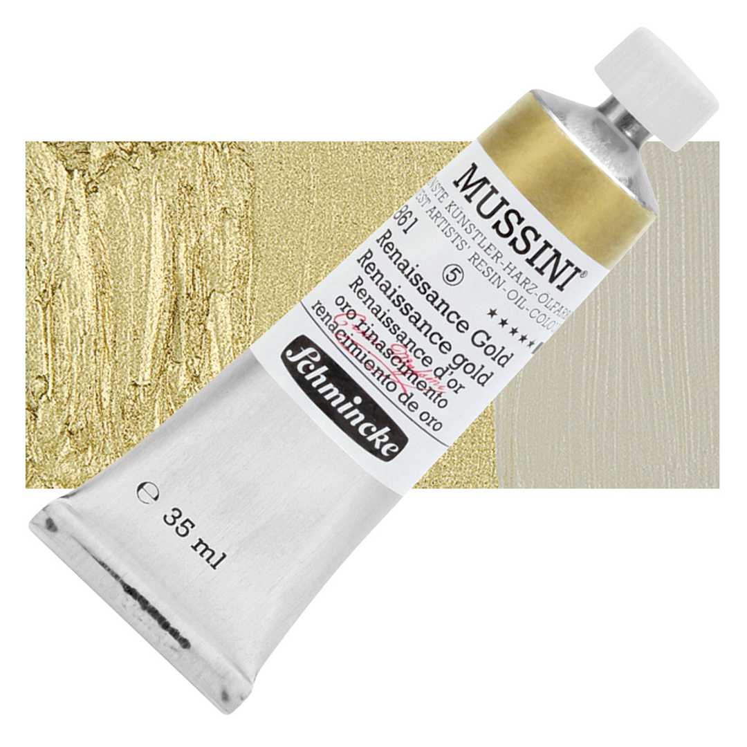Open in modal - Schmincke Mussini Oil Color - Renaissance Gold, 35 ml tube and swatch