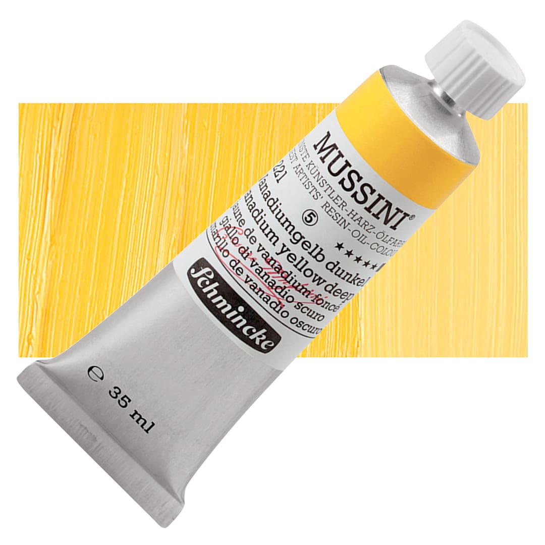 Open in modal - Schmincke Mussini Oil Color - Vanadium Yellow Deep, 35 ml tube and swatch