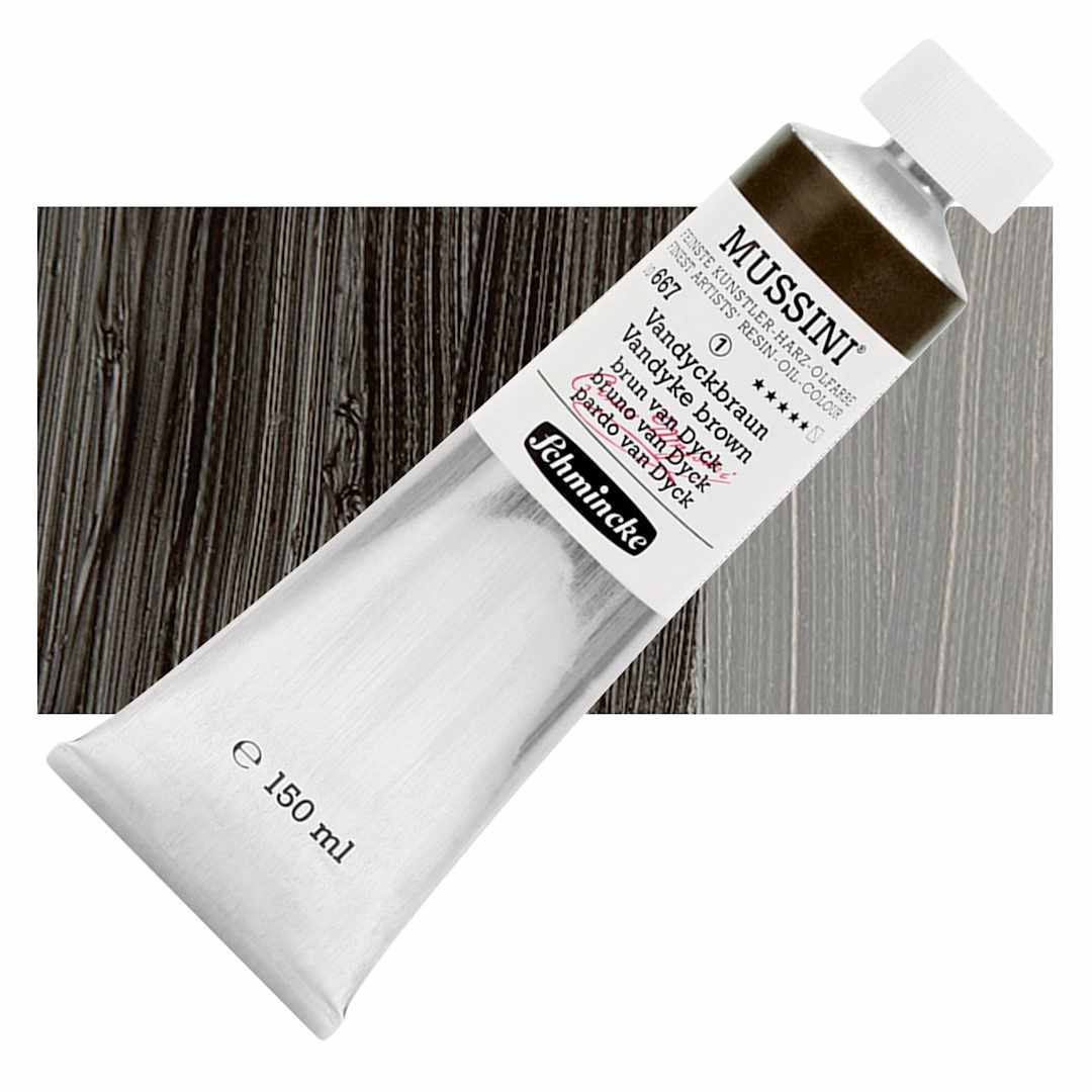 Open in modal - Schmincke Mussini Oil Color - Vandyke Brown, 150 ml tube and swatch