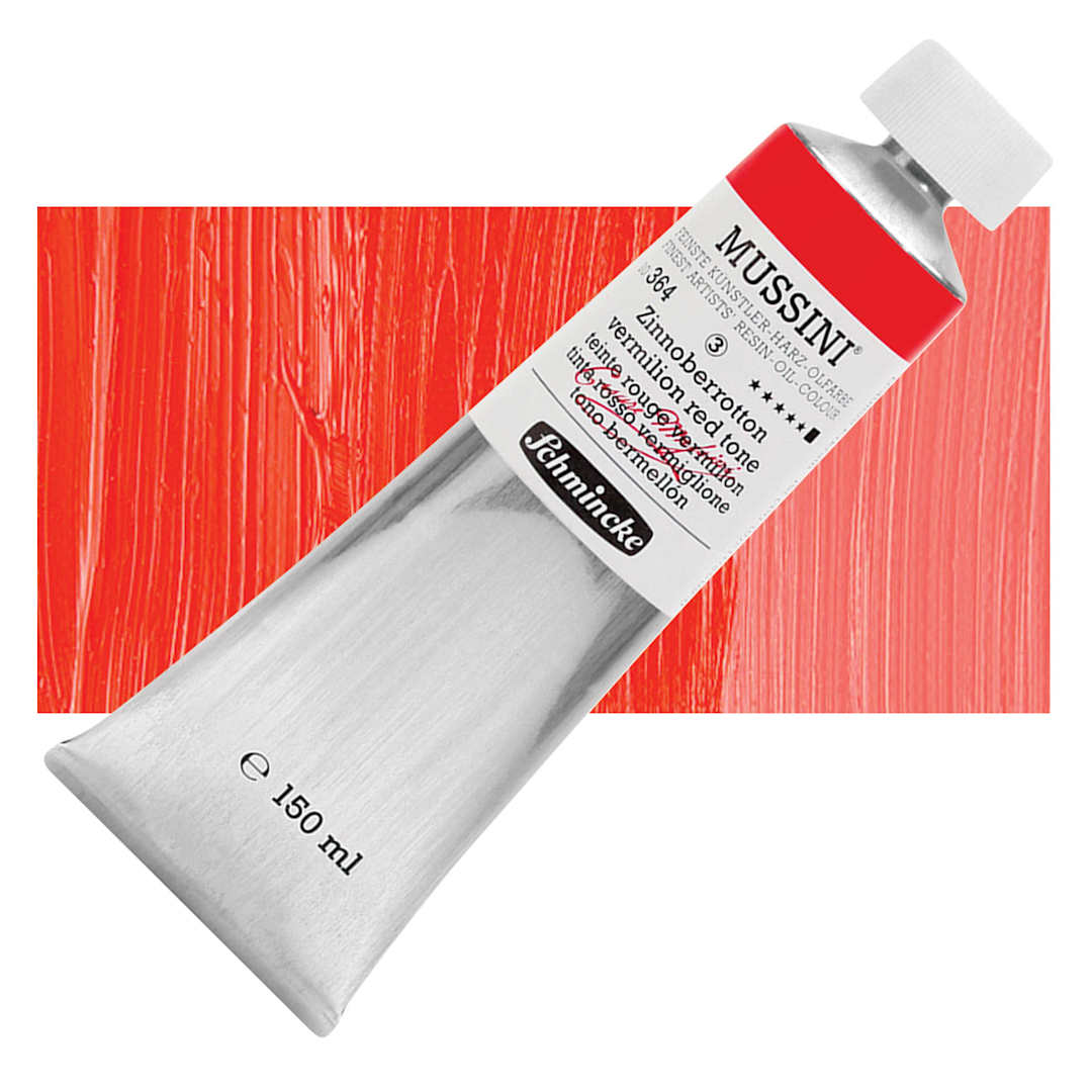 Open in modal - Schmincke Mussini Oil Color - Vermilion Red Tone, 150 ml tube and swatch
