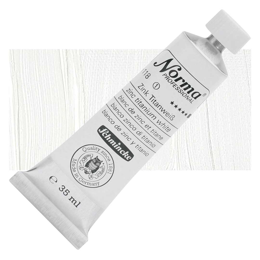 Open in modal - Schmincke Norma Professional Oil Paint - Zinc Titanium White, 35 ml, Tube and swatch
