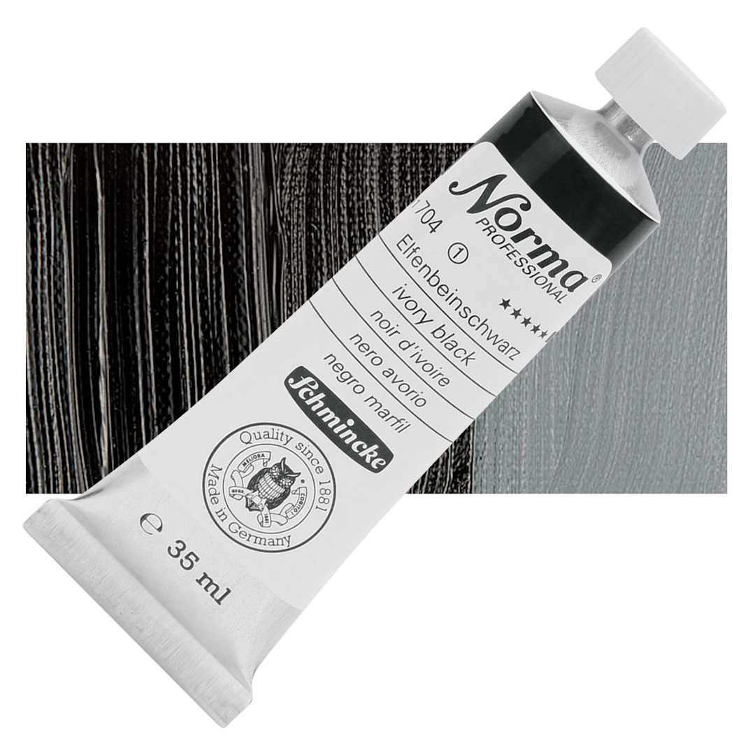 Open in modal - Schmincke Norma Professional Oil Paint - Ivory Black, 35 ml, Tube and swatch