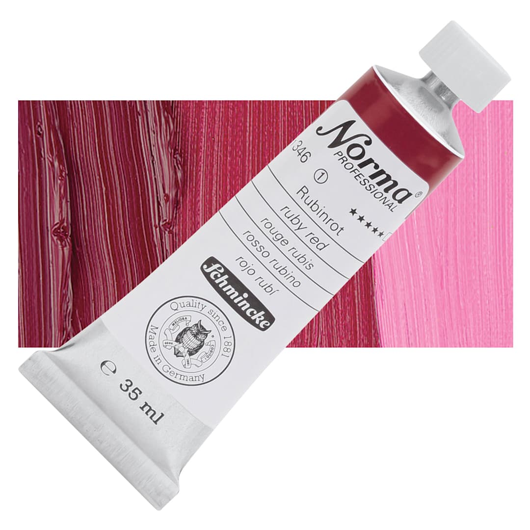 Open in modal - Schmincke Norma Professional Oil Paint - Ruby Red, 35 ml, Tube and swatch