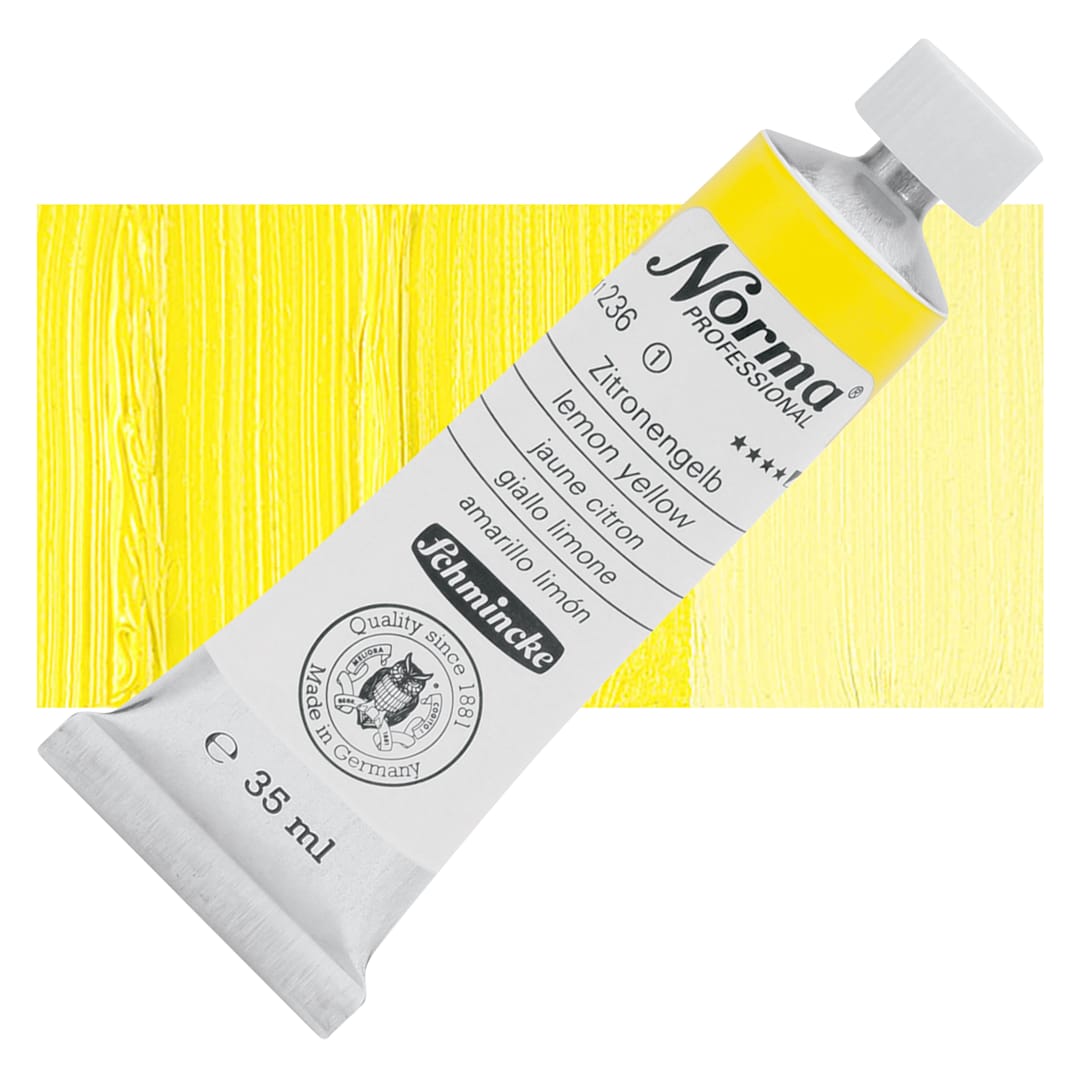 Open in modal - Schmincke Norma Professional Oil Paint - Lemon Yellow, 35 ml, Tube and swatch