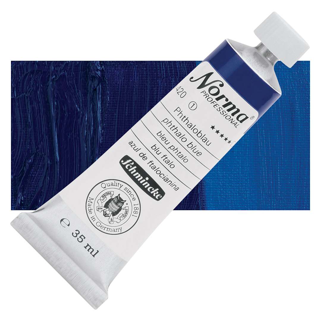 Open in modal - Schmincke Norma Professional Oil Paint - Phthalo Blue, 35 ml, Tube and swatch