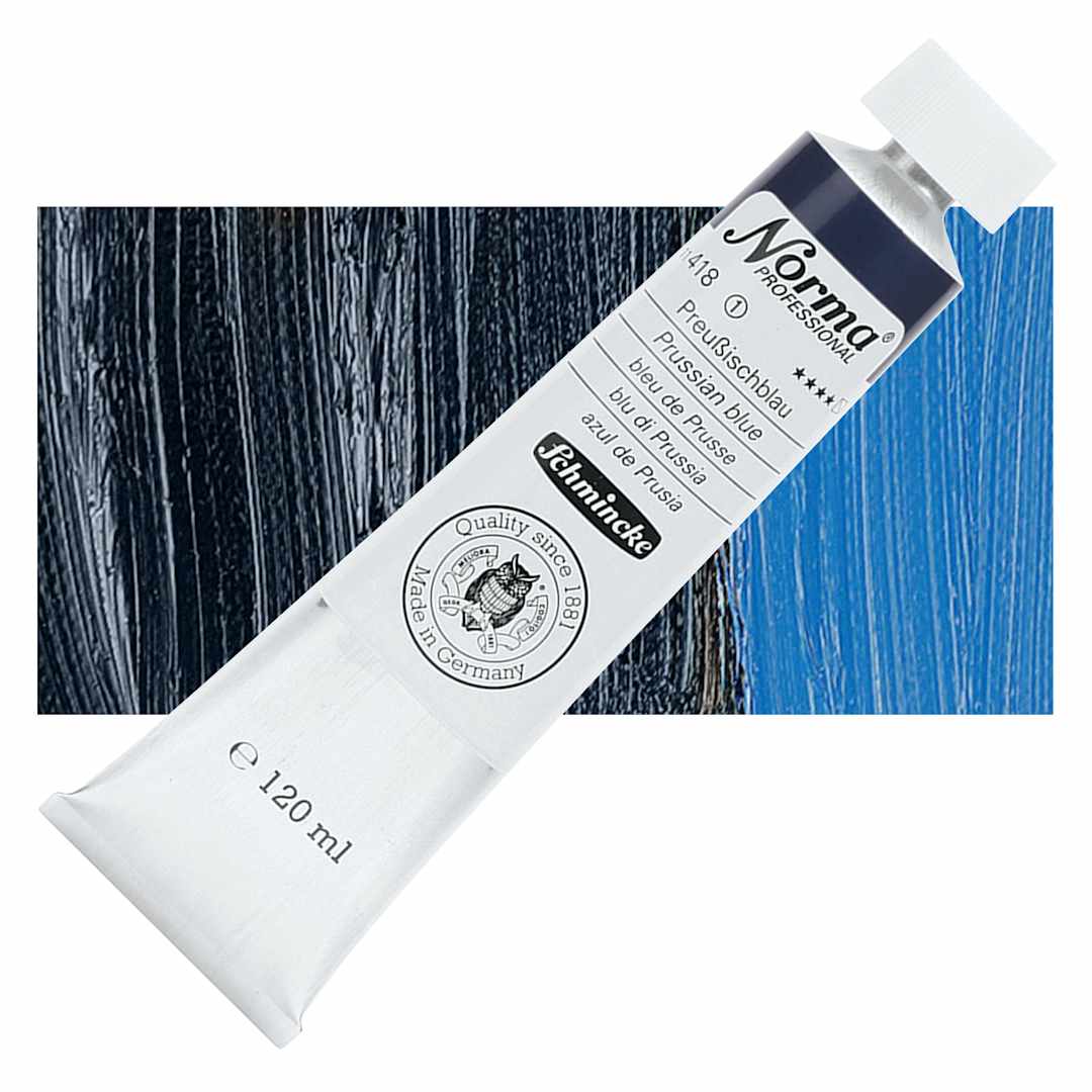 Open in modal - Schmincke Norma Professional Oil Paint - Prussian Blue, 120 ml, Tube and swatch