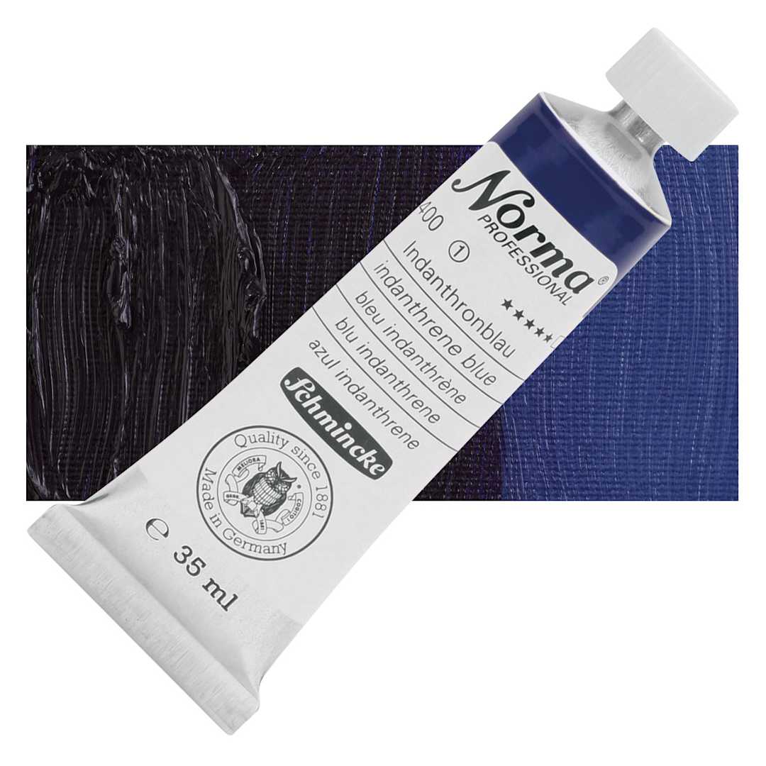 Open in modal - Schmincke Norma Professional Oil Paint - Indanthrene Blue, 35 ml, Tube and swatch