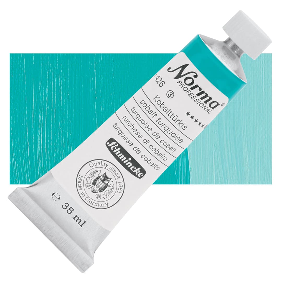 Open in modal - Schmincke Norma Professional Oil Paint - Cobalt Turquoise, 35 ml, Tube and swatch