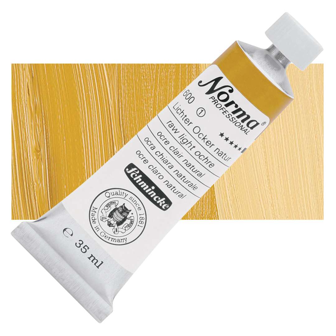 Open in modal - Schmincke Norma Professional Oil Paint - Raw Light Ochre, 35 ml, Tube and swatch