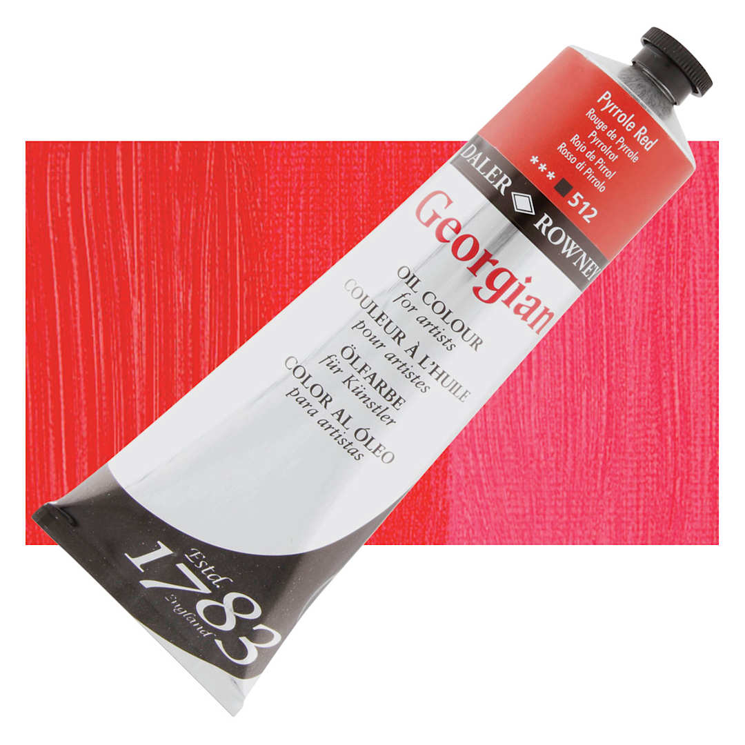 Open in modal - Daler-Rowney Georgian Oil Color - Pyrrole Red, 225 ml tube and swatch