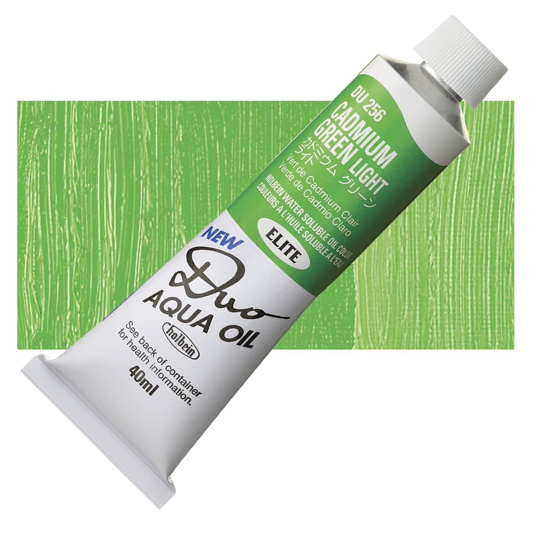 Open in modal - Holbein Duo Aqua Water Soluble Oil - Cadmium Green Light, 40 ml tube and swatch