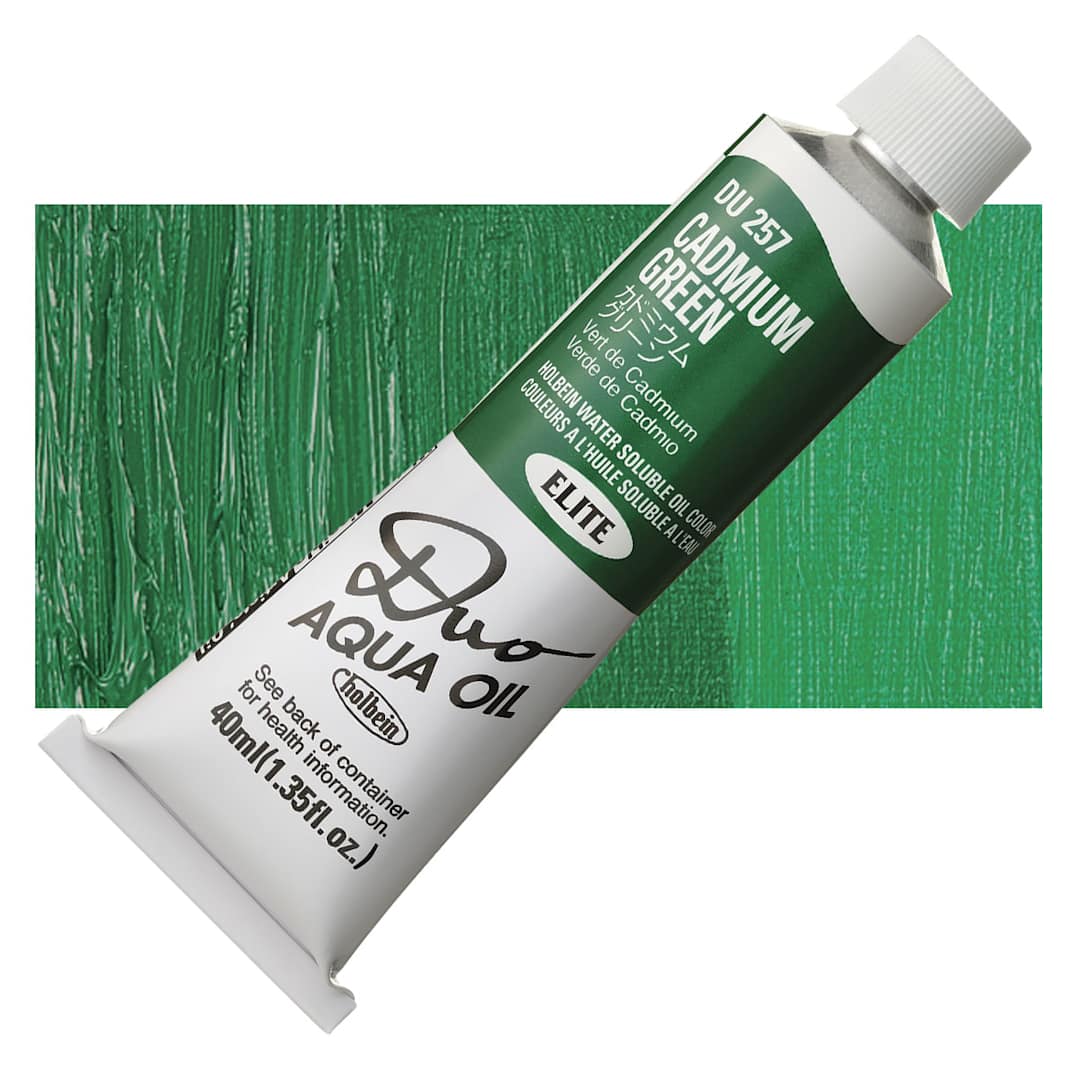 Open in modal - Holbein Duo Aqua Water Soluble Oil - Cadmium Green, 40 ml tube and swatch