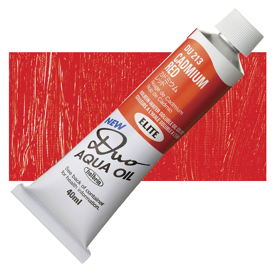 Open in modal - Holbein Duo Aqua Water Soluble Oil - Cadmium Red, 40 ml tube and swatch