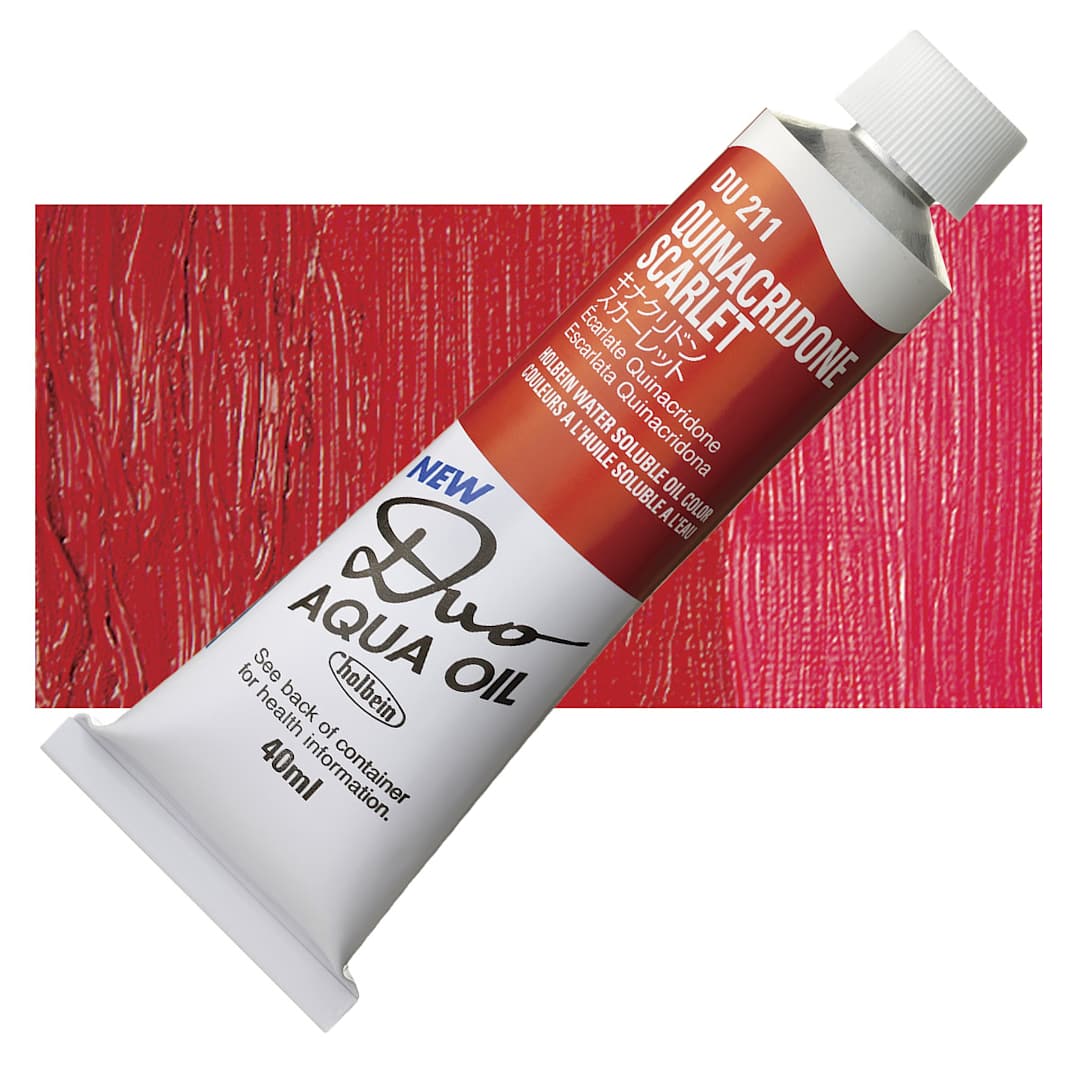 Open in modal - Holbein Duo Aqua Water Soluble Oil - Quinacridone Scarlet, 40 ml tube and swatch