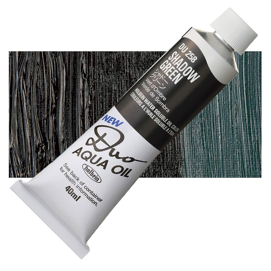 Open in modal - Holbein Duo Aqua Water Soluble Oil - Shadow Green, 40 ml tube and swatch