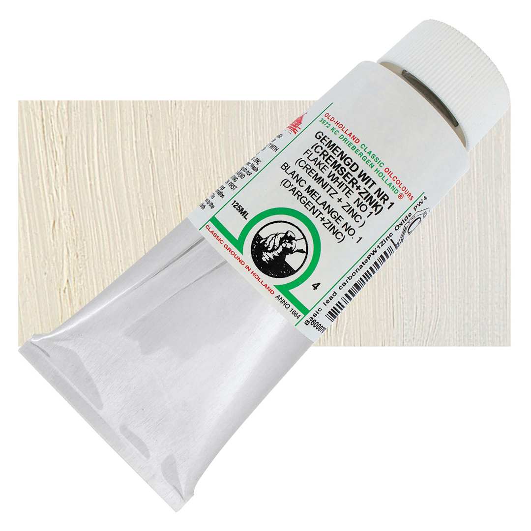 Open in modal - Old Holland Classic Oil Color - Flake White 1, 125 ml tube and swatch