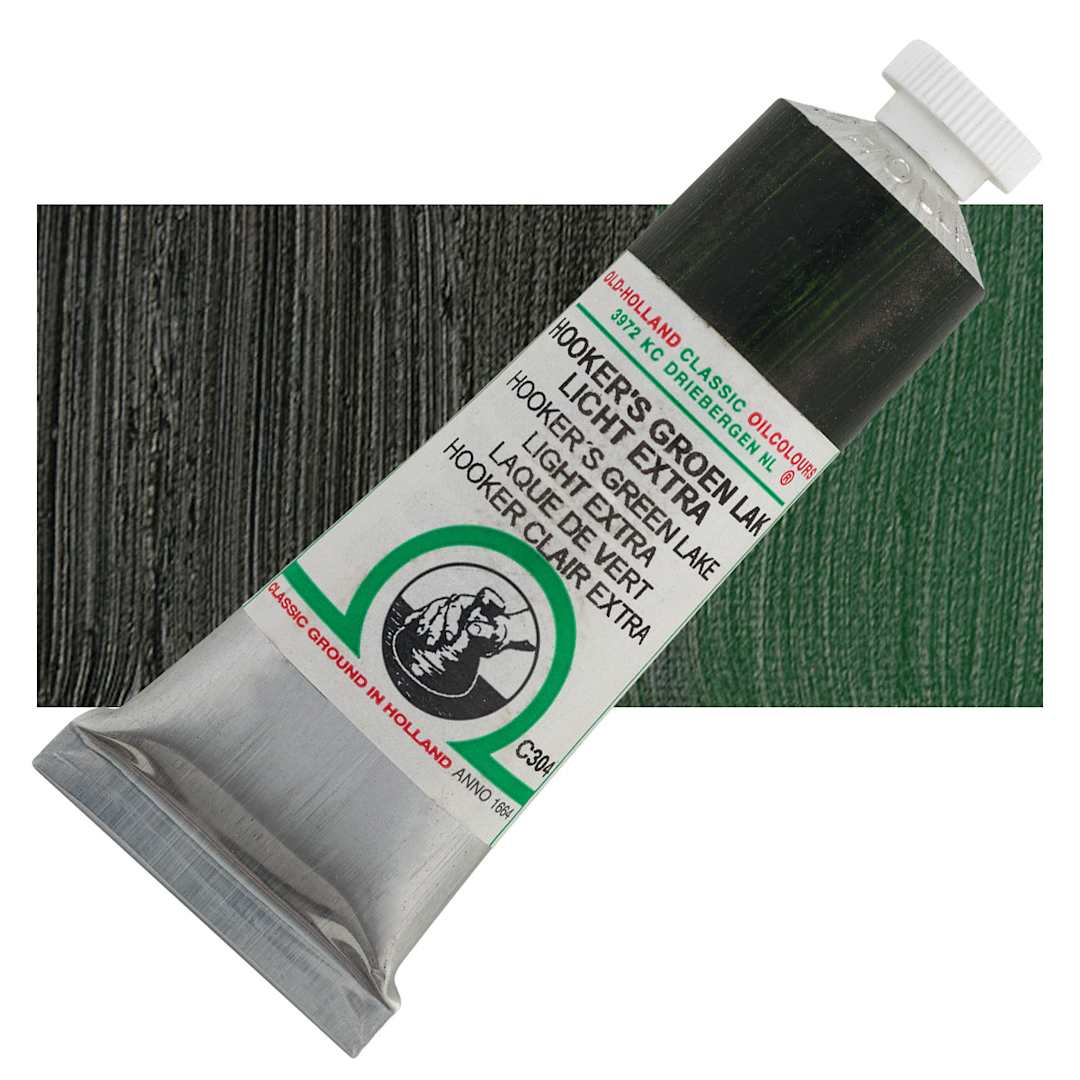 Open in modal - Old Holland Classic Oil Color - Hooker's Green Lake Light Extra, 40 ml tube and swatch