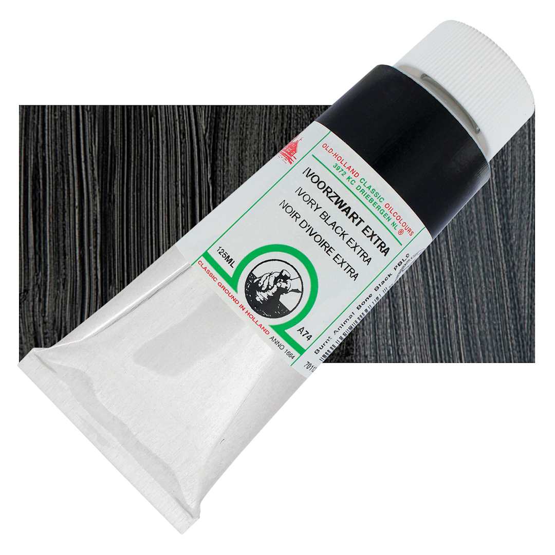 Open in modal - Old Holland Classic Oil Color - Ivory Black Extra, 125 ml tube and swatch