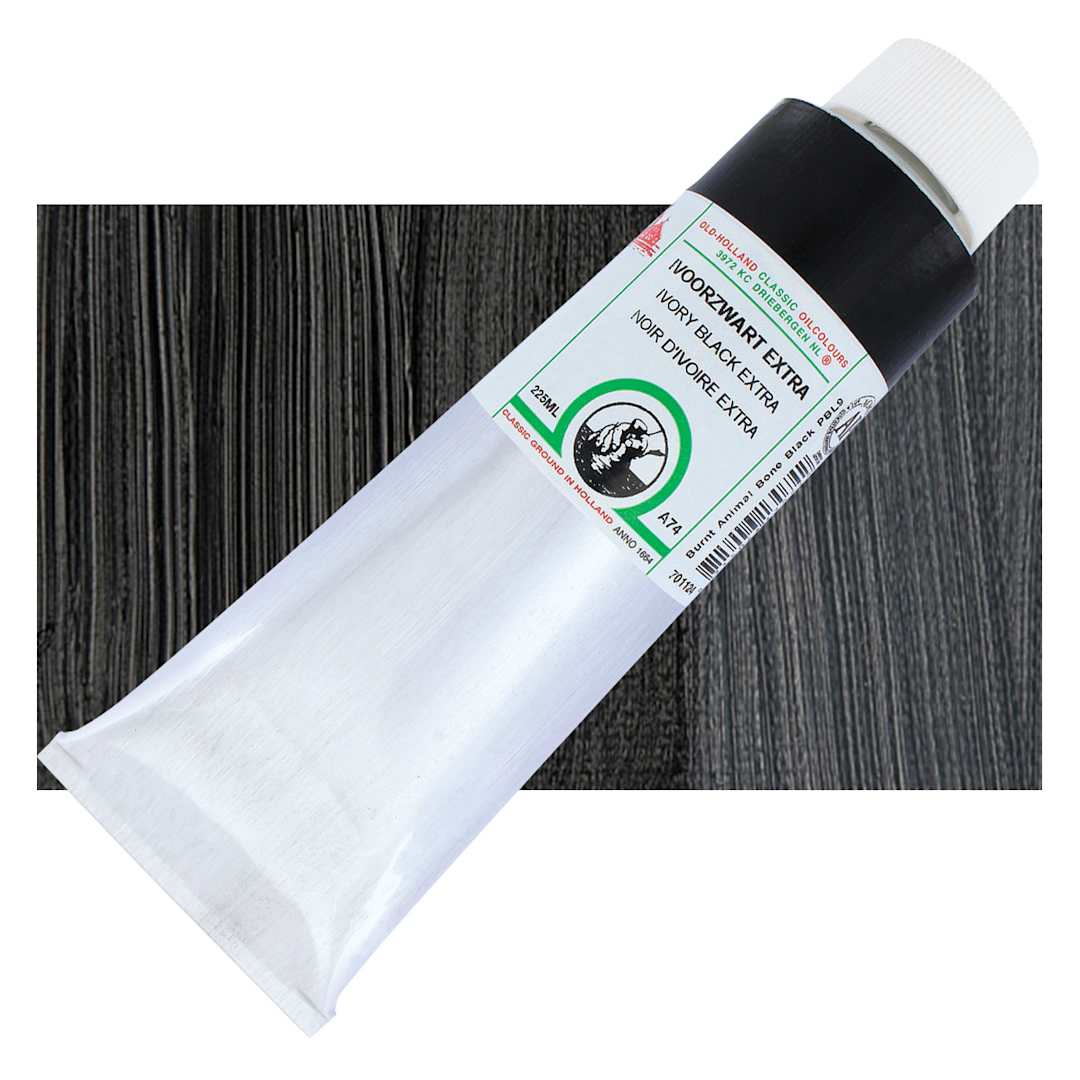 Open in modal - Old Holland Classic Oil Color - Ivory Black Extra, 225 ml tube and swatch