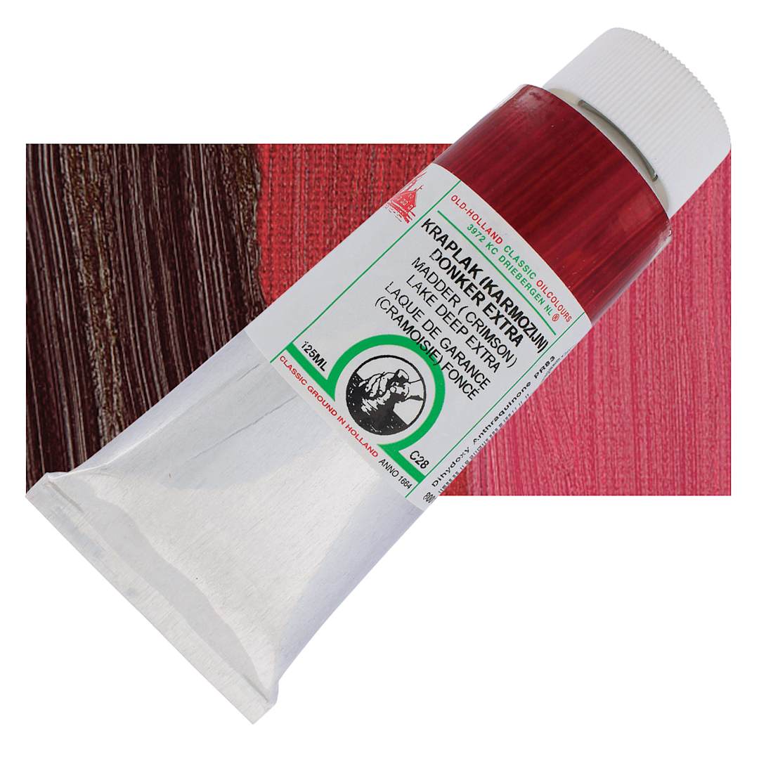 Open in modal - Old Holland Classic Oil Color - Madder (Crimson) Lake Deep Extra, 125 ml tube and swatch