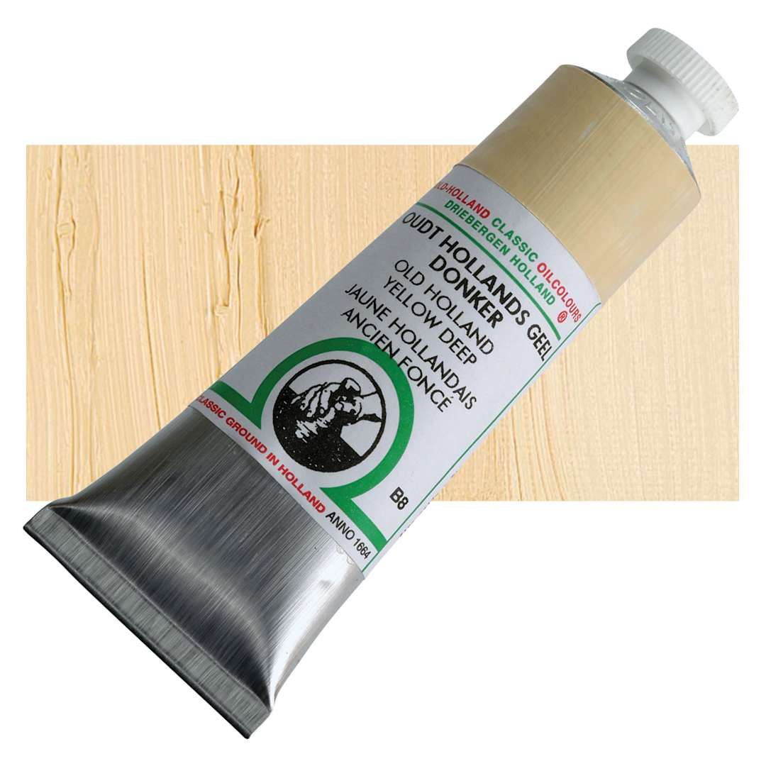Open in modal - Old Holland Classic Oil Color - Old Holland Yellow Deep, 40 ml tube and swatch