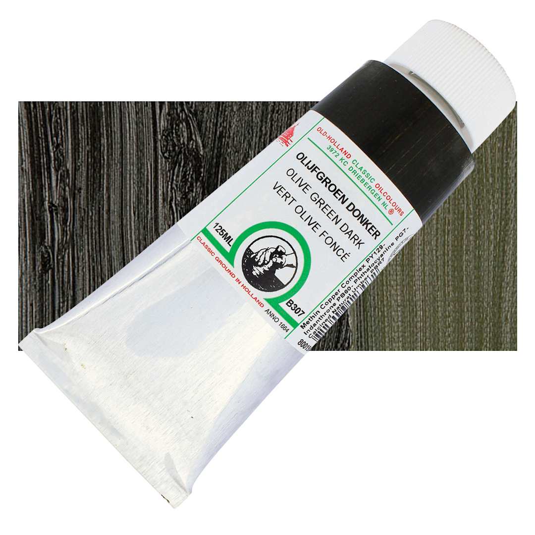 Open in modal - Old Holland Classic Oil Color - Olive Green Dark, 125 ml tube and swatch