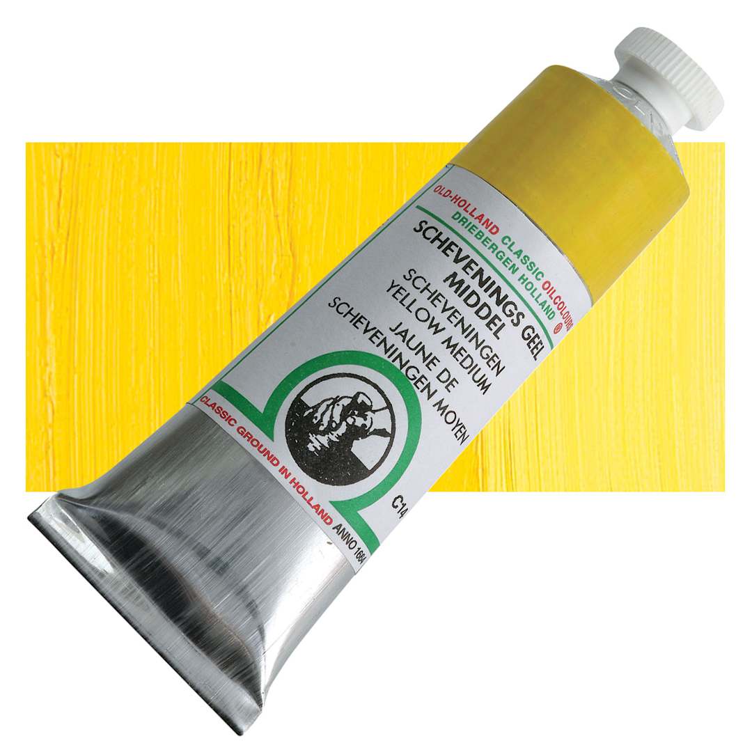 Open in modal - Old Holland Classic Oil Color - Scheveningen Yellow Medium, 40 ml tube and swatch