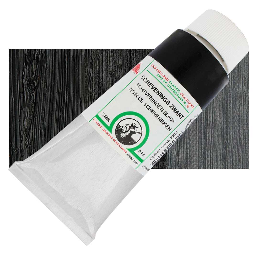 Open in modal - Old Holland Classic Oil Color - Scheveningen Intense Black, 125 ml tube and swatch
