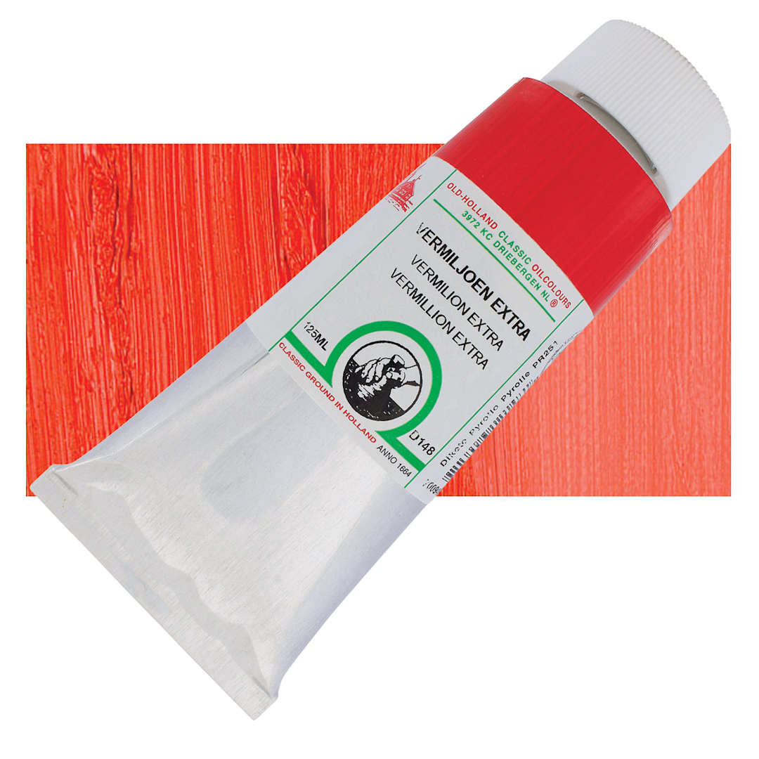 Open in modal - Old Holland Classic Oil Color - Vermilion Extra, 125 ml tube and swatch