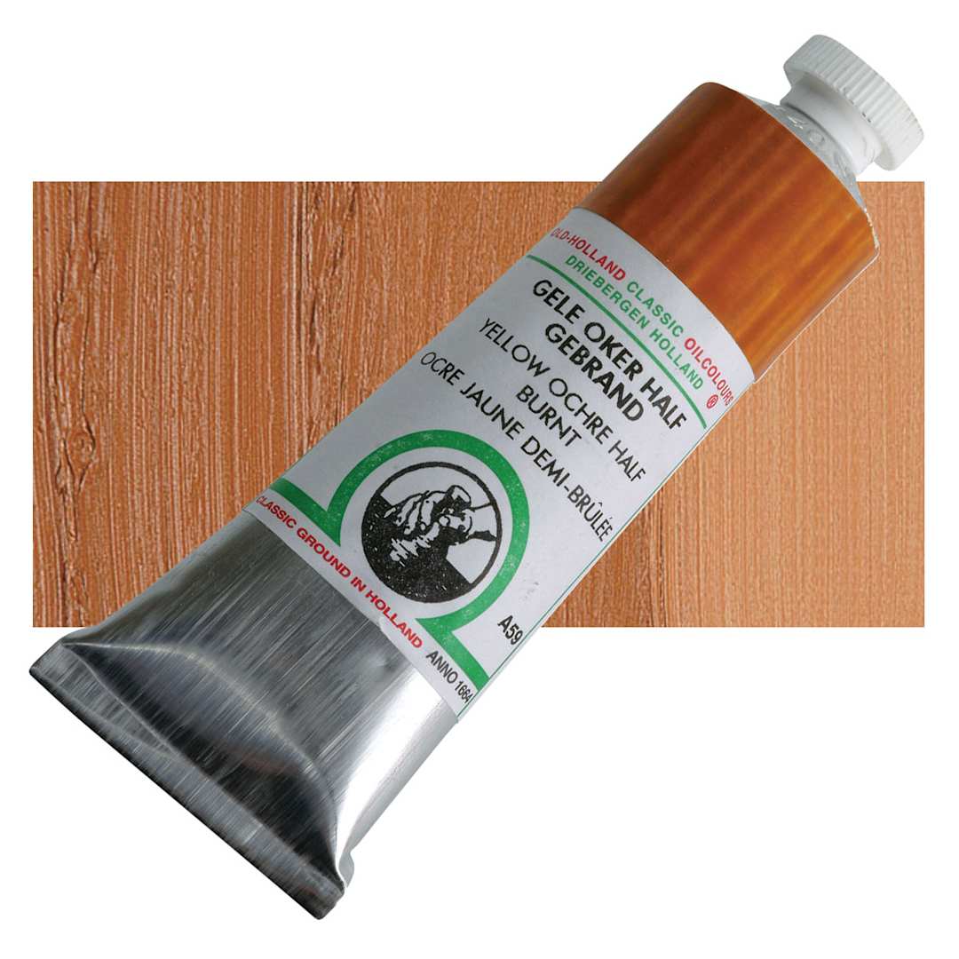 Open in modal - Old Holland Classic Oil Color - Yellow Ochre Half Burnt, 40 ml tube and swatch