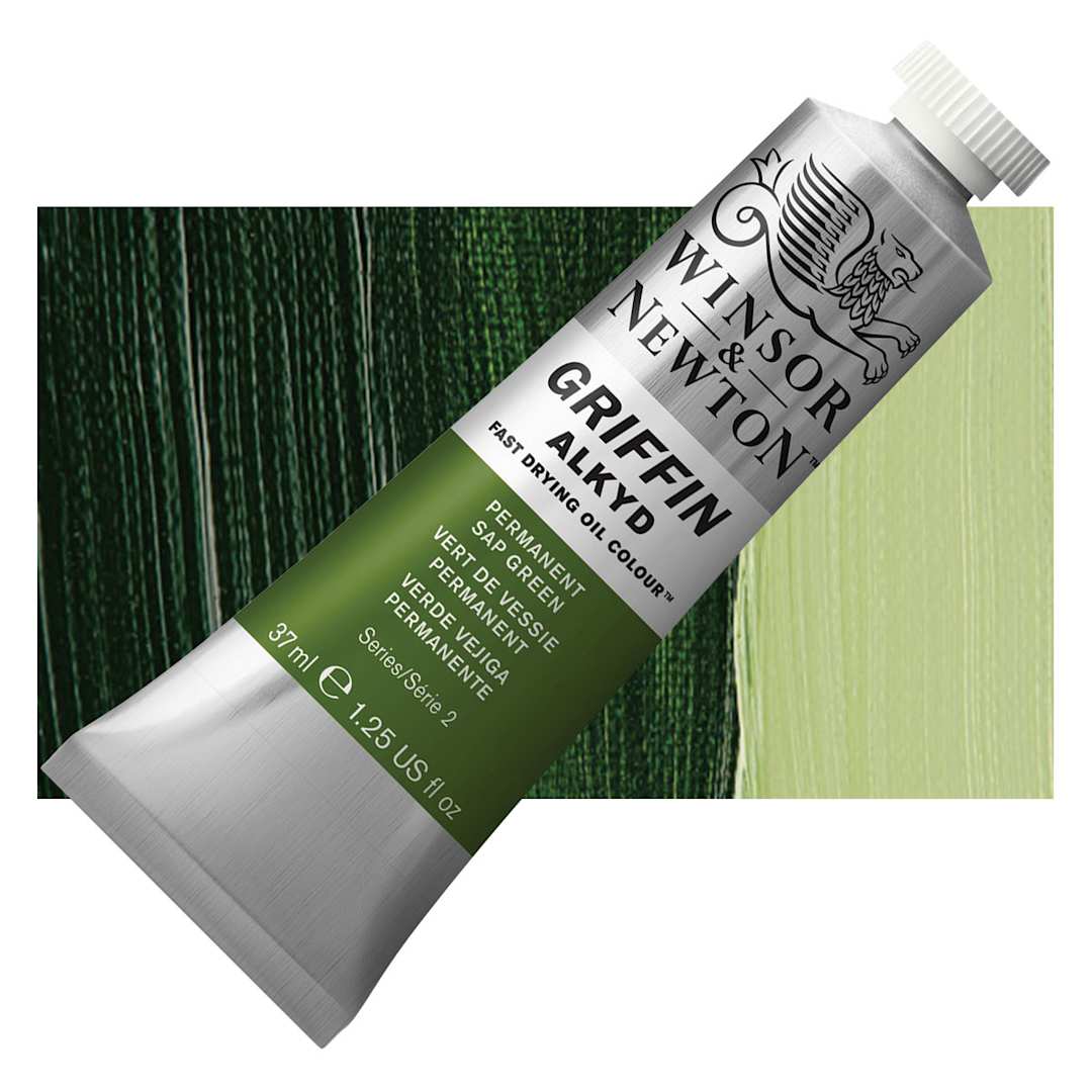 Open in modal - Winsor & Newton Griffin Alkyd - Permanent Sap Green, 37 ml tube and swatch