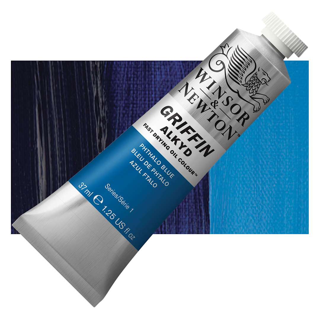 Open in modal - Winsor & Newton Griffin Alkyd - Phthalo Blue, 37 ml tube and swatch