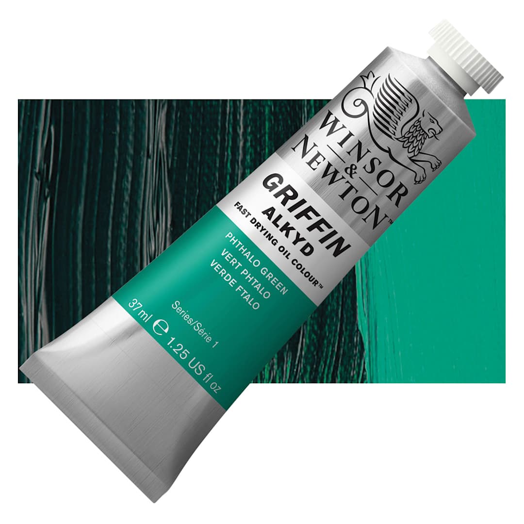 Open in modal - Winsor & Newton Griffin Alkyd - Phthalo Green, 37 ml tube and swatch