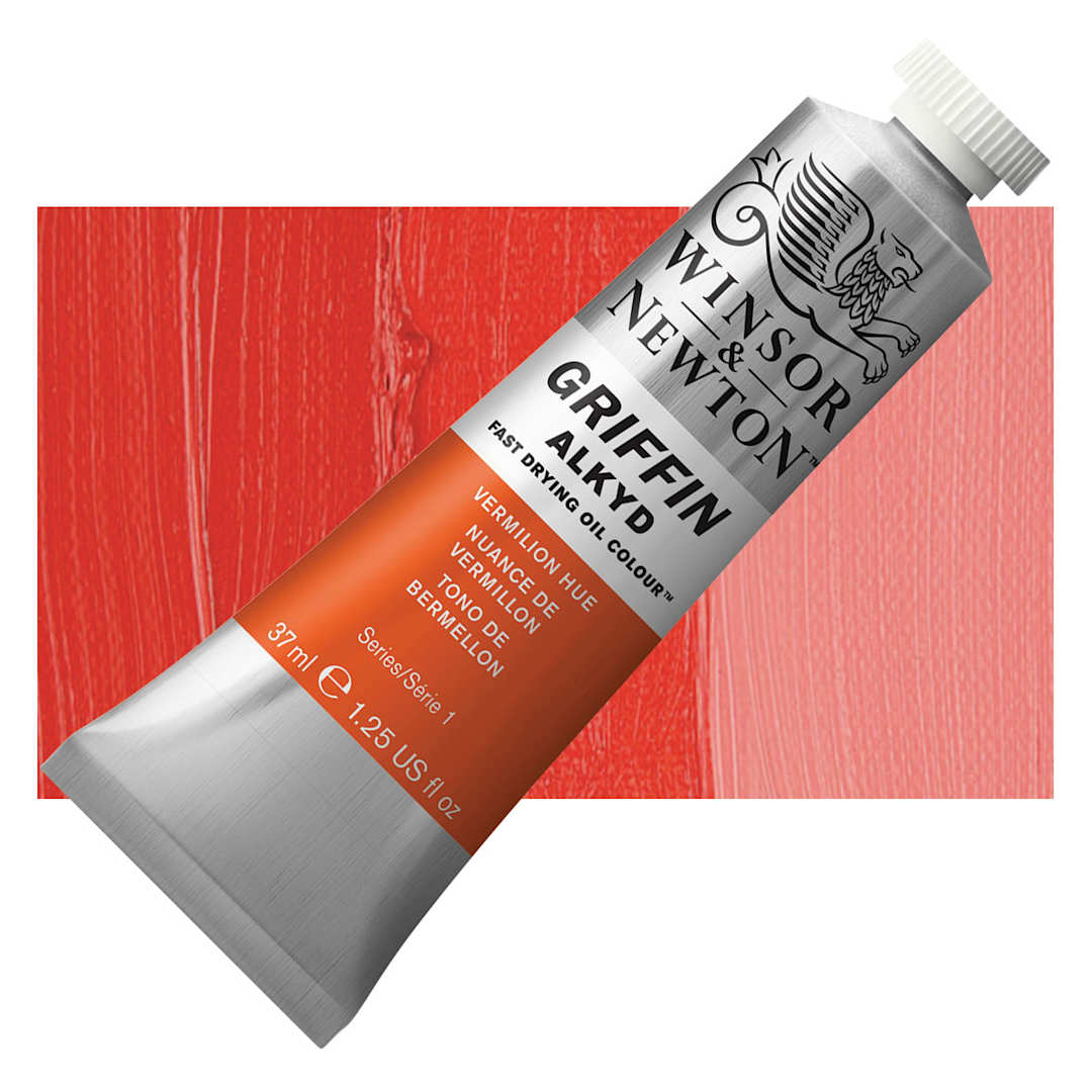 Open in modal - Winsor & Newton Griffin Alkyd - Vermilion Hue, 37 ml tube and swatch