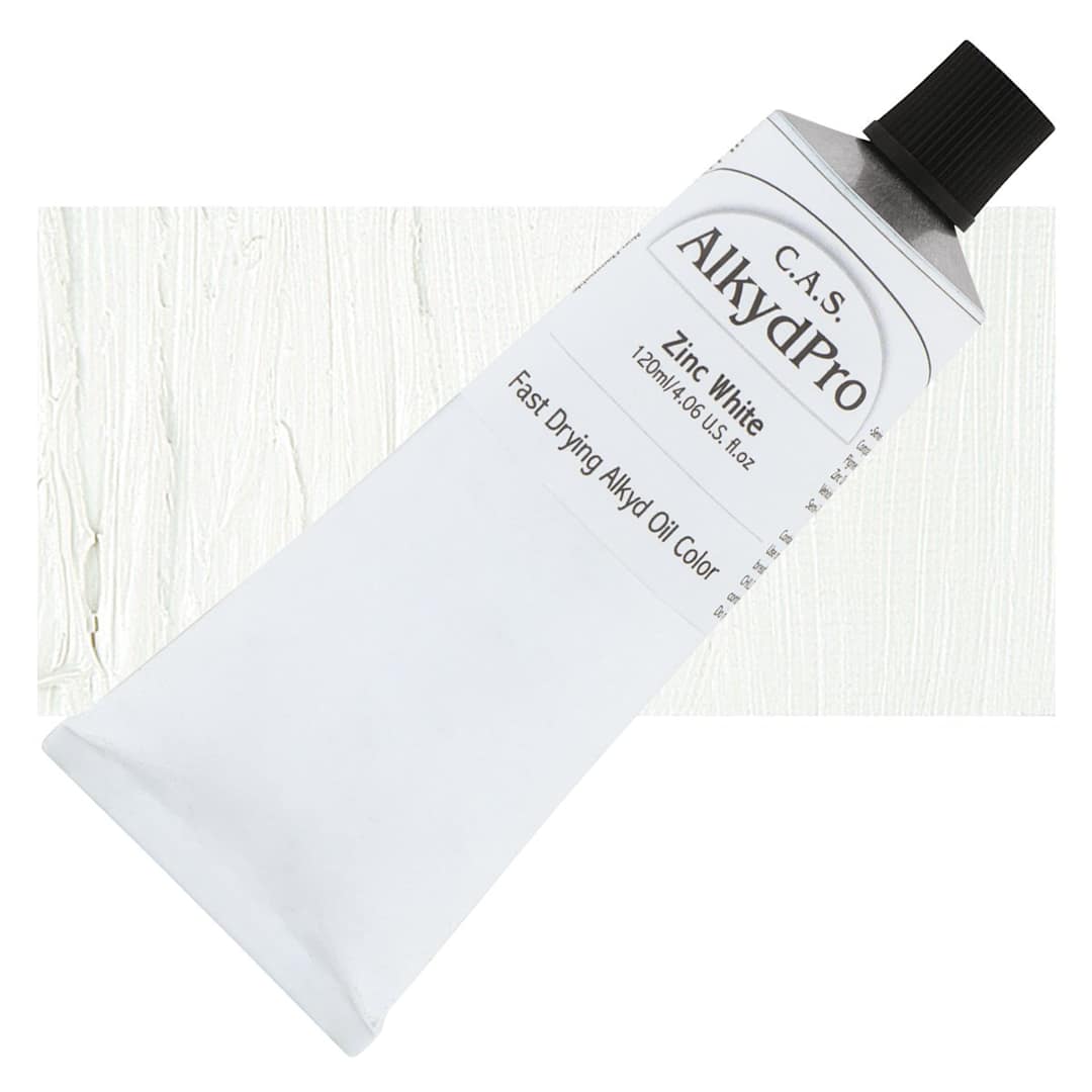 Open in modal - CAS AlkydPro Fast-Drying Alkyd Oil Color - Zinc White, 120 ml tube and swatch