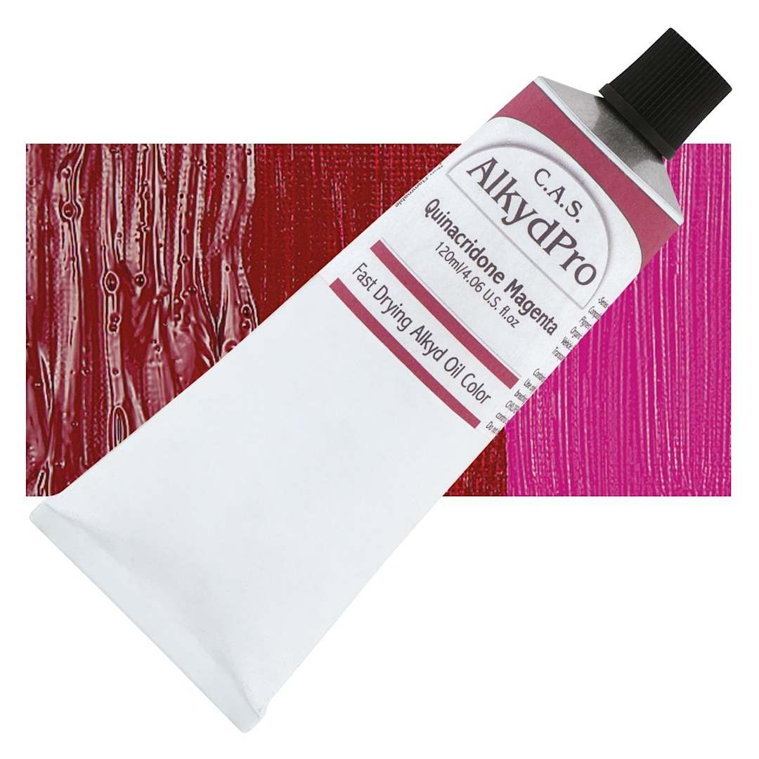 Open in modal - CAS AlkydPro Fast-Drying Alkyd Oil Color - Quinacridone Magenta, 120 ml tube and swatch
