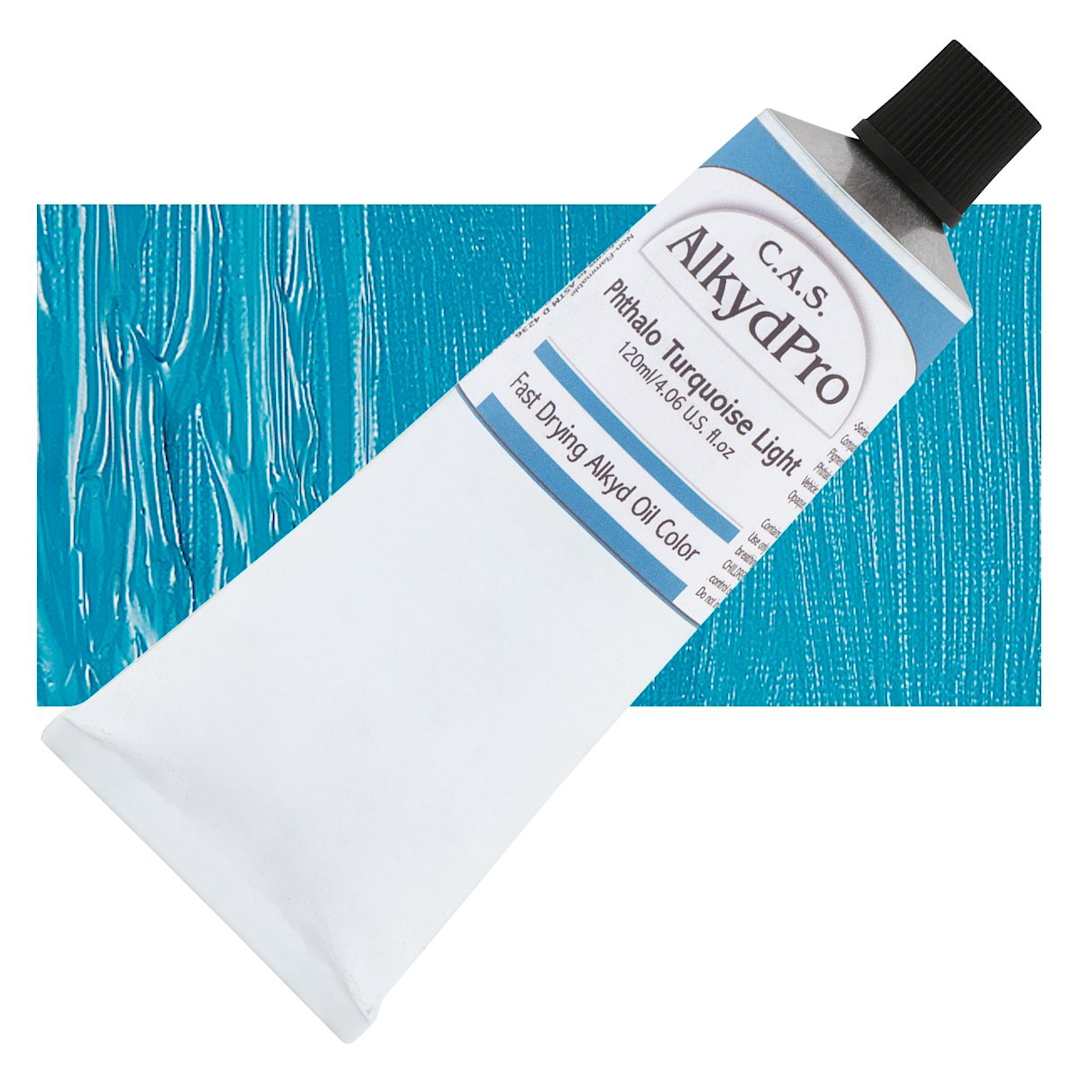Open in modal - CAS AlkydPro Fast-Drying Alkyd Oil Color - Phthalo Turquoise Light, 120 ml tube and swatch