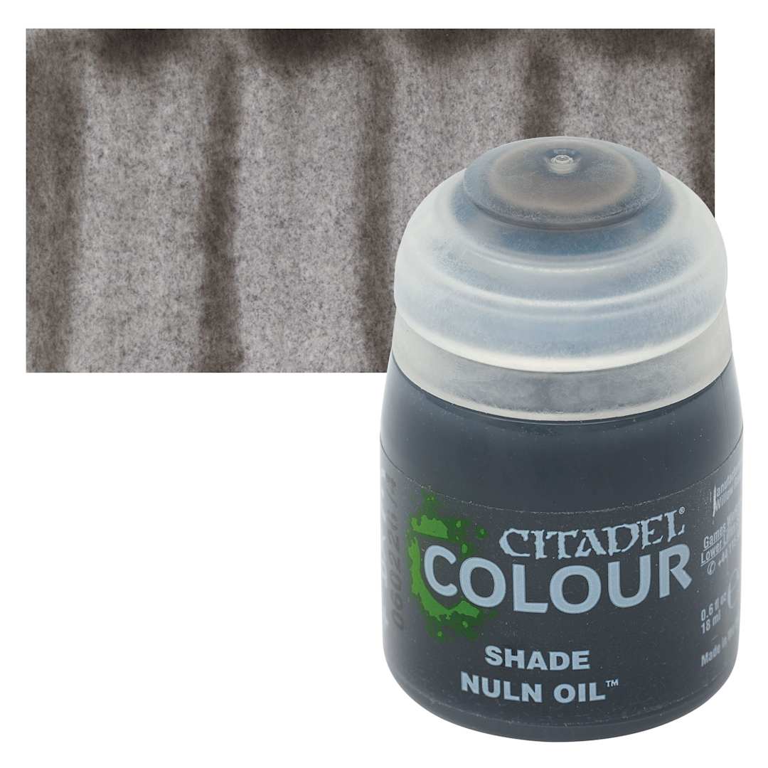 Open in modal - Citadel Shade Acrylic Paint - Nuln Oil, 18 ml bottle and swatch