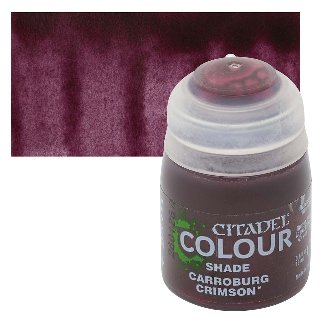 Open in modal - Citadel Shade Acrylic Paint - Carroburg Crimson, 18 ml bottle and swatch